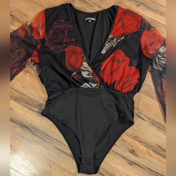 Fashion Nova Black and Red Mesh Floral Bodysuit - Picture 5 of 8